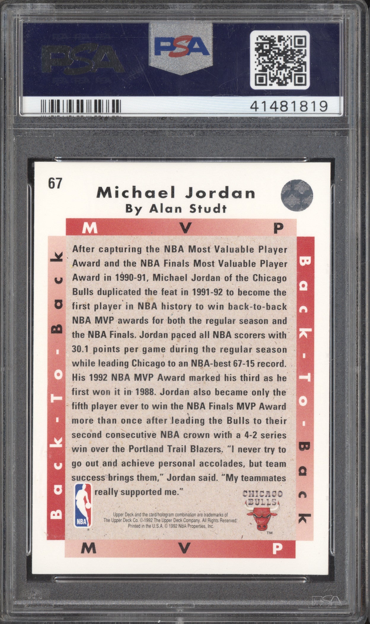 Michael Jordan 1992-93 Upper Deck  67 MVP PSA 9