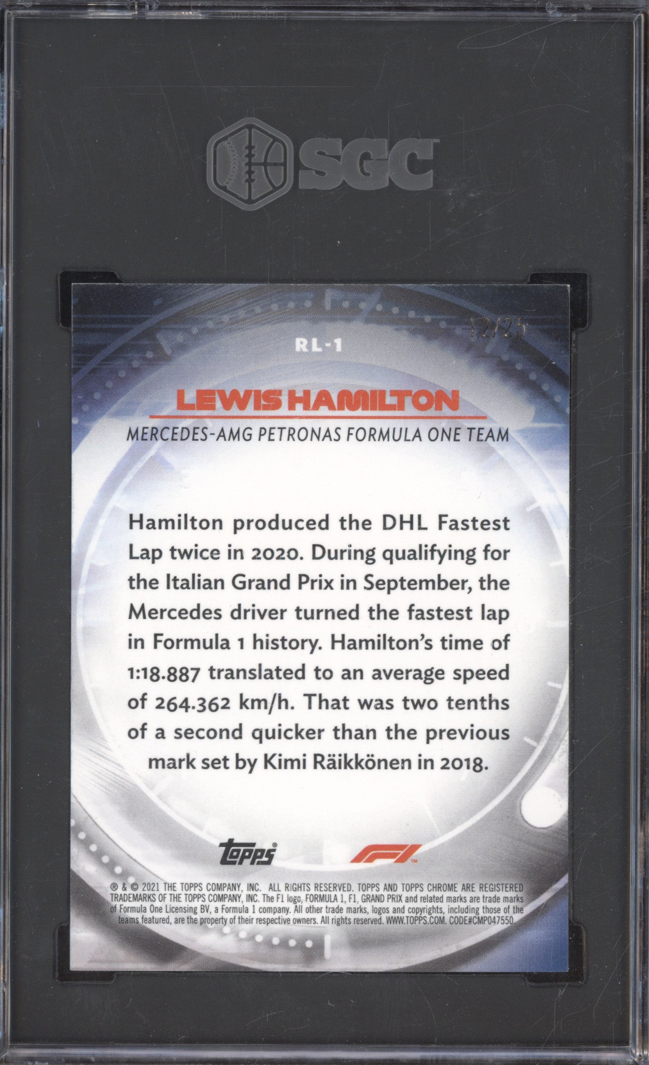 Lewis Hamilton 2021 Topps Chrome RL-1 Redliners Orange Refractor 12/25 SGC 9