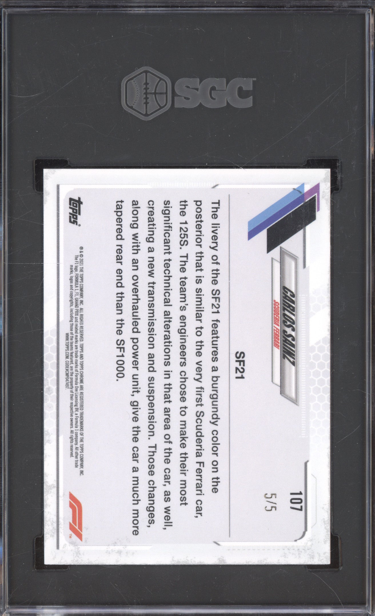 Carlos Sainz 2021 Topps Chrome 107 Red Refractor 5/5 SGC 9.5
