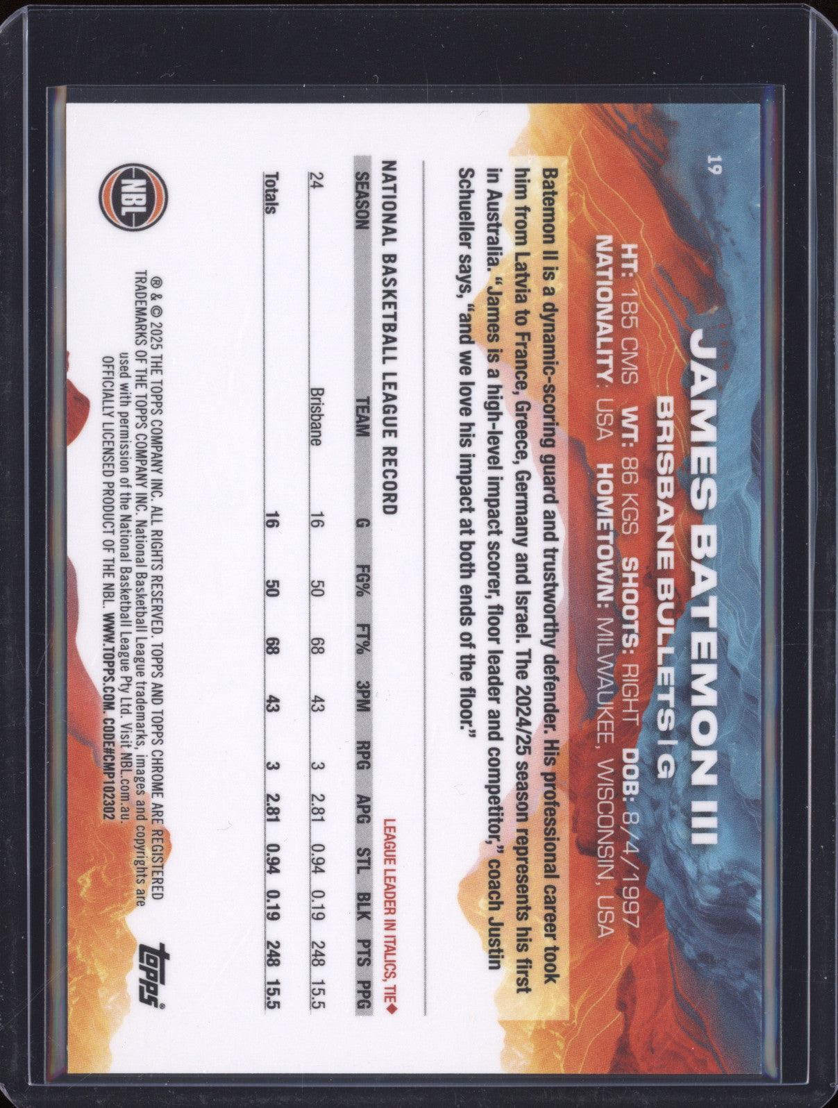 James Batemon III 2024 Topps Chrome NBL 19 Gold Refractor 06/50