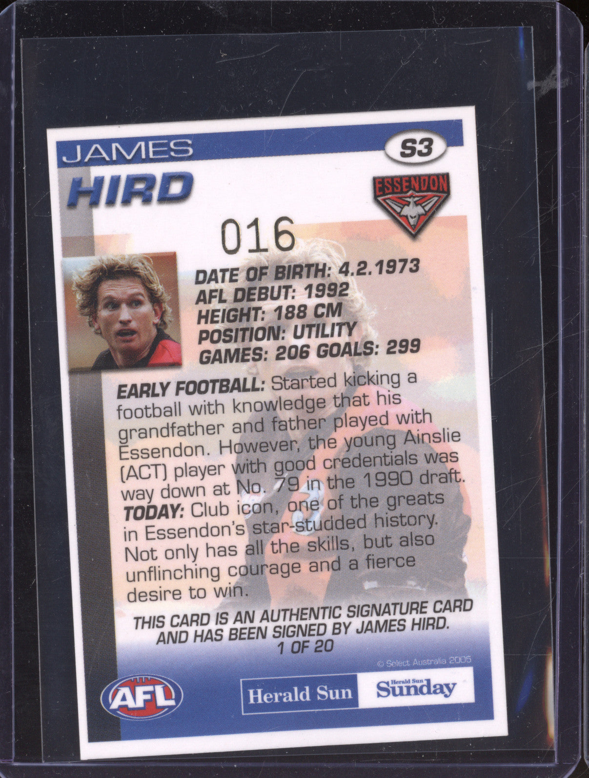 James Hird 2005 Select Herald Sun S3 Authentic Signature 16/20