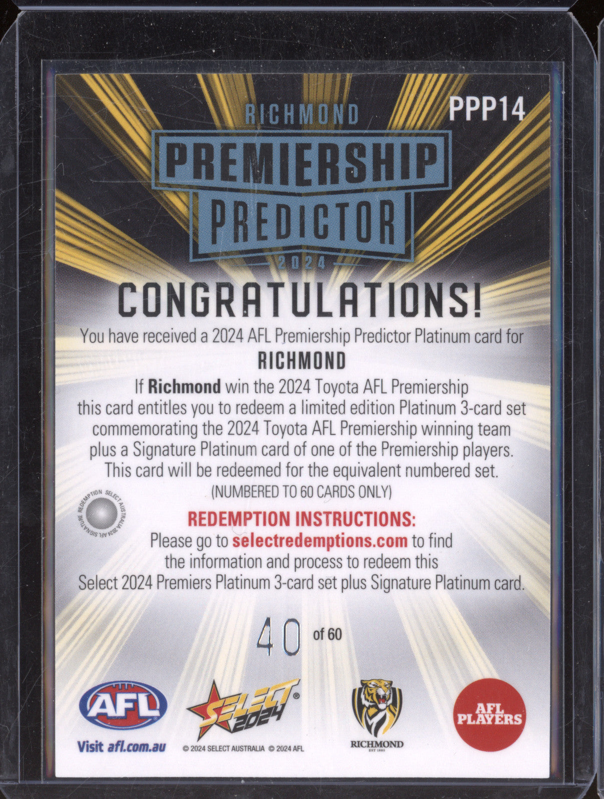 Richmond Tigers 2024 Select Footy Stars PPP14 Premiership Predictor Platinum /60