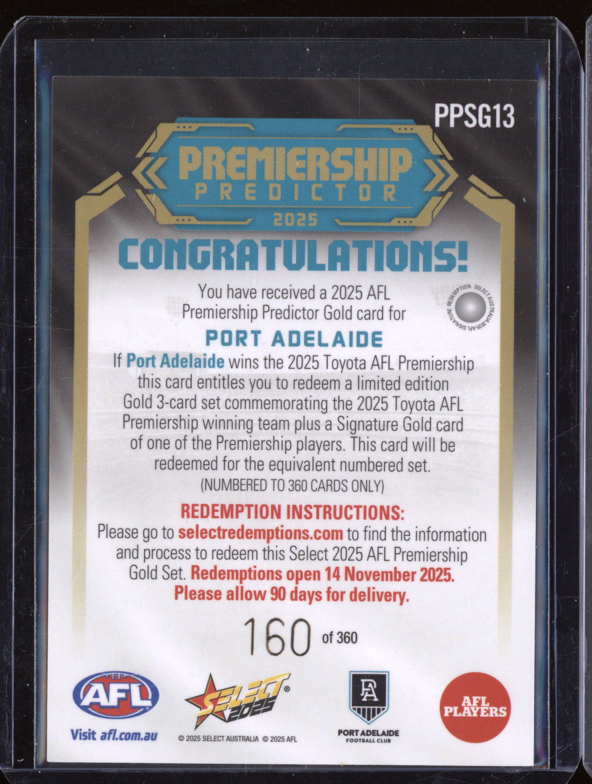Port Adelaide 2025 Select Footy Stars PPSG13 Premiership Predictor Gold 160/360