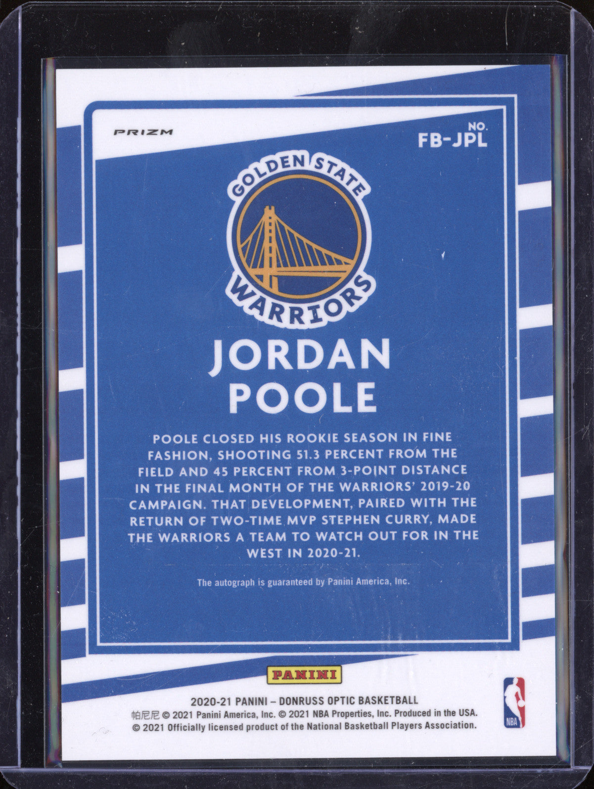 Jordan Poole 2020-21 Panini Donruss Optic FB-JPL Fast Break Auto