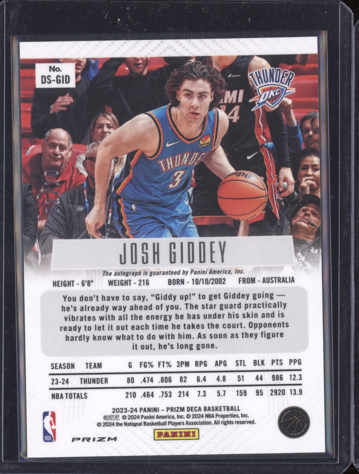 Josh Giddey 2023-24 Panini Prizm DS-GID Prizm Deca Gold Auto 1/10