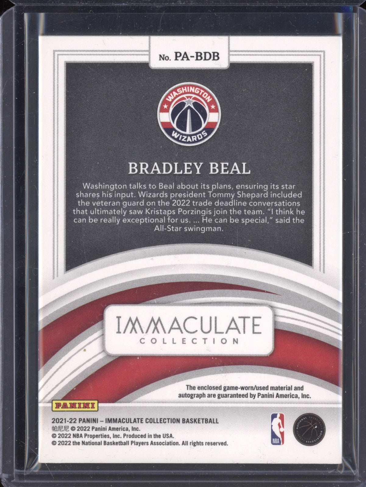 Bradley Beal 2021-22 Panini Immaculate PA-BDB Patch Auto 49/49