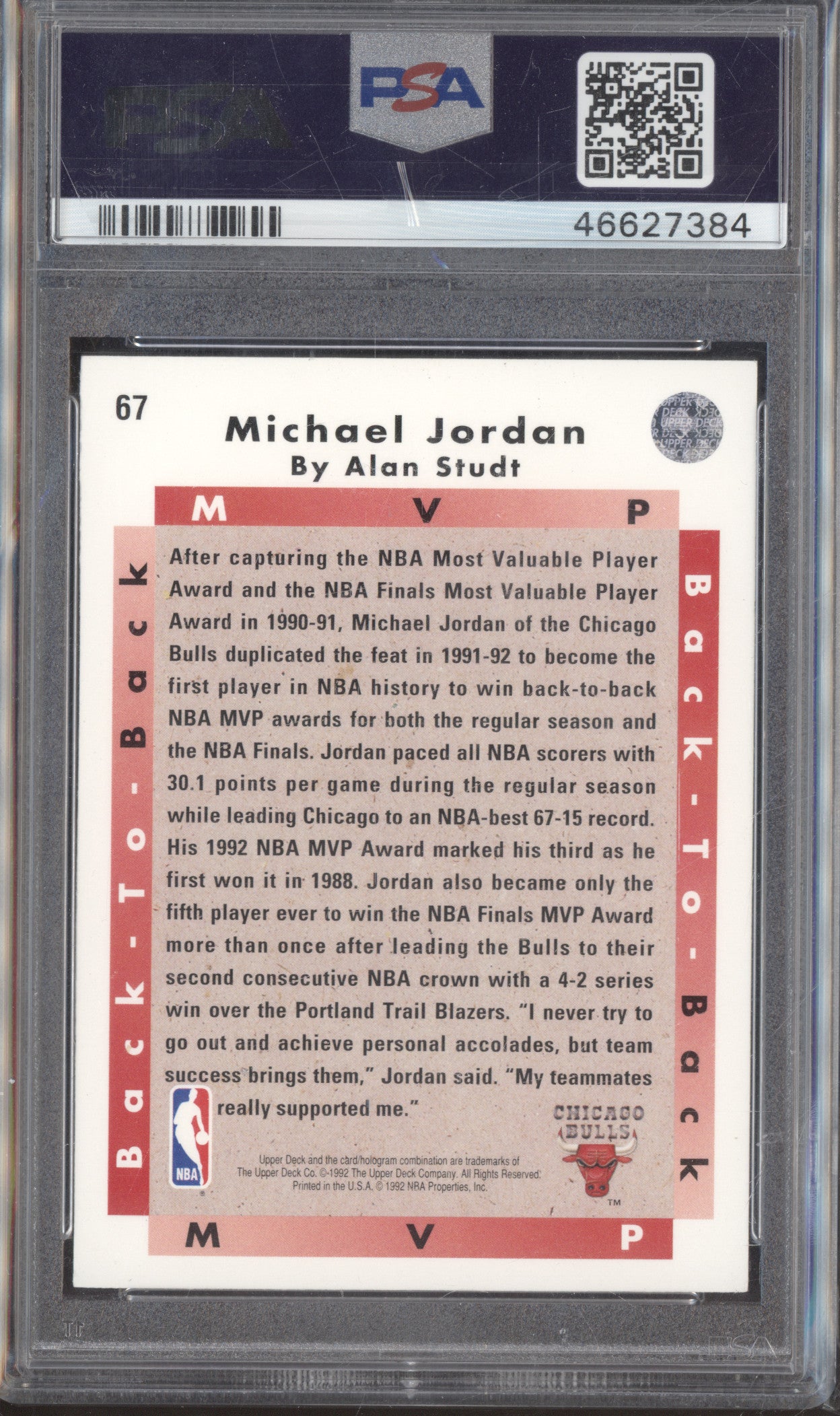 1992 Upper Deck 67 Michael Jordan MVP PSA 9