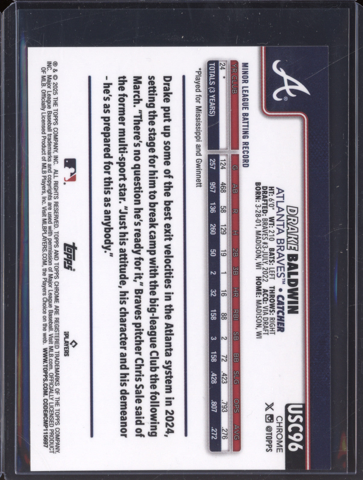 Drake Baldwin 2025 Topps Chrome Update USC96 Green Variation Refractor /99 RC