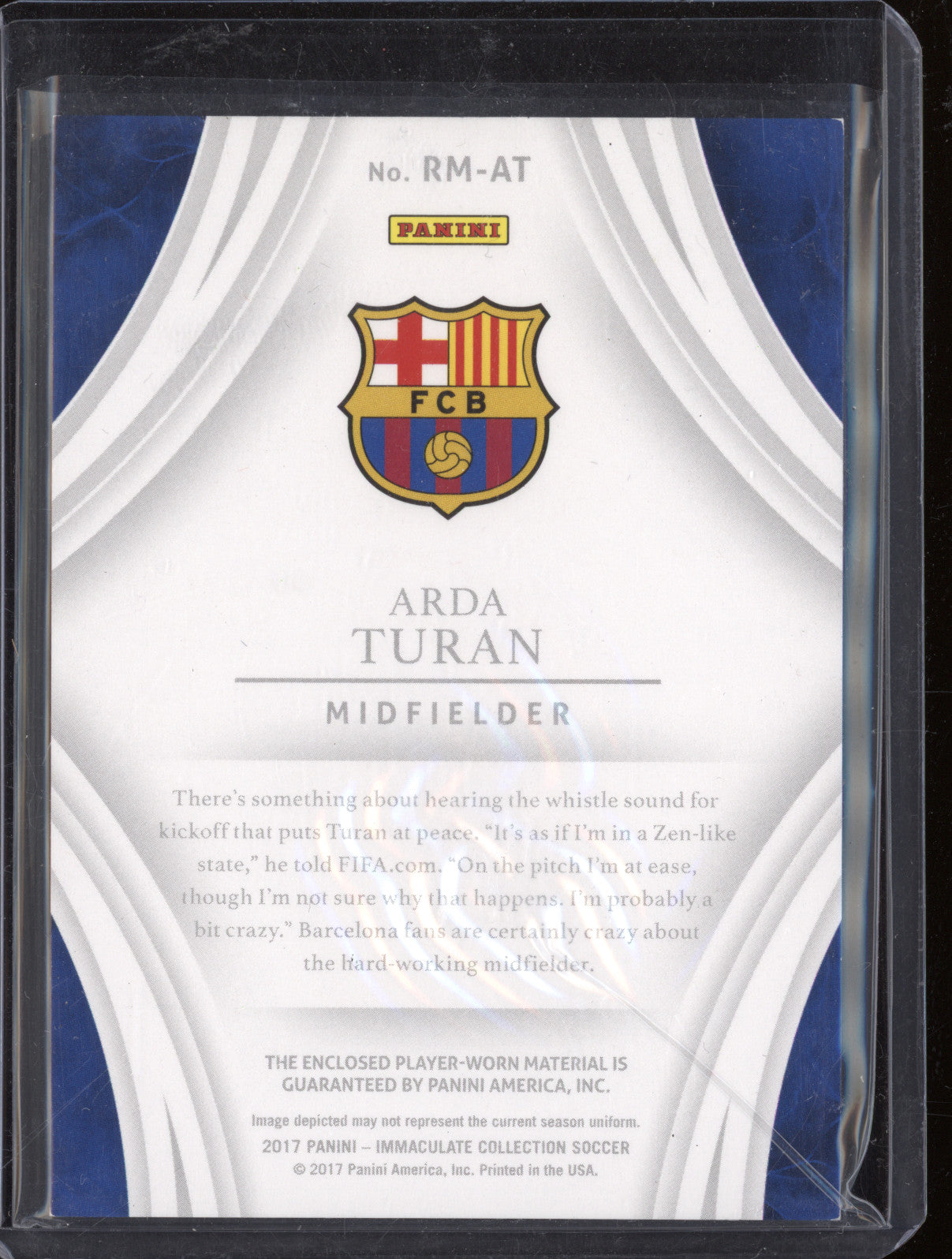 2017 Panini Soccer Immaculate RM-AT Arda Turan Remarkable Patch 06/10