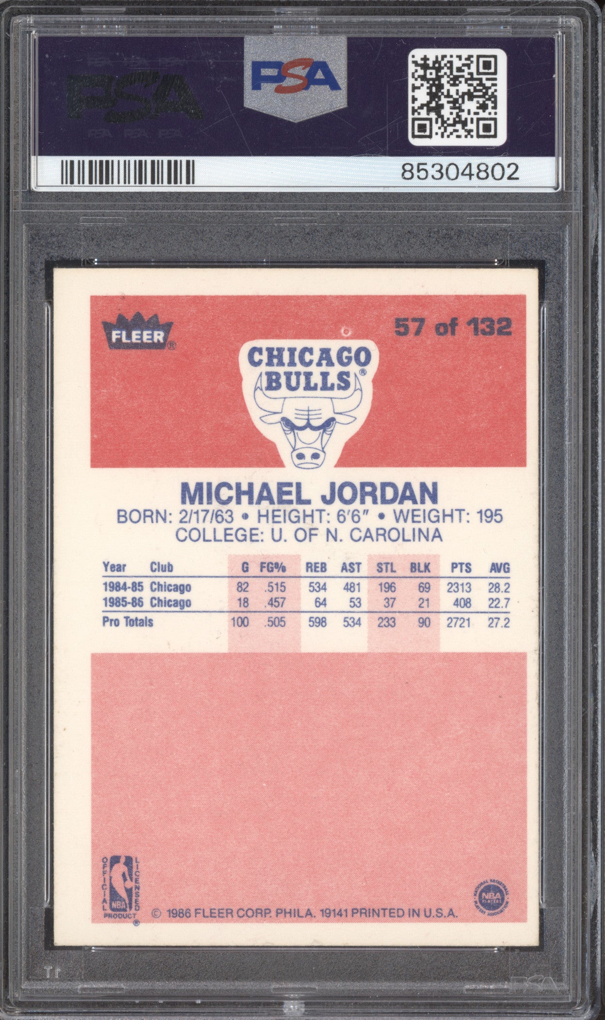 Michael Jordan 1986 Fleer  57 RC PSA  5