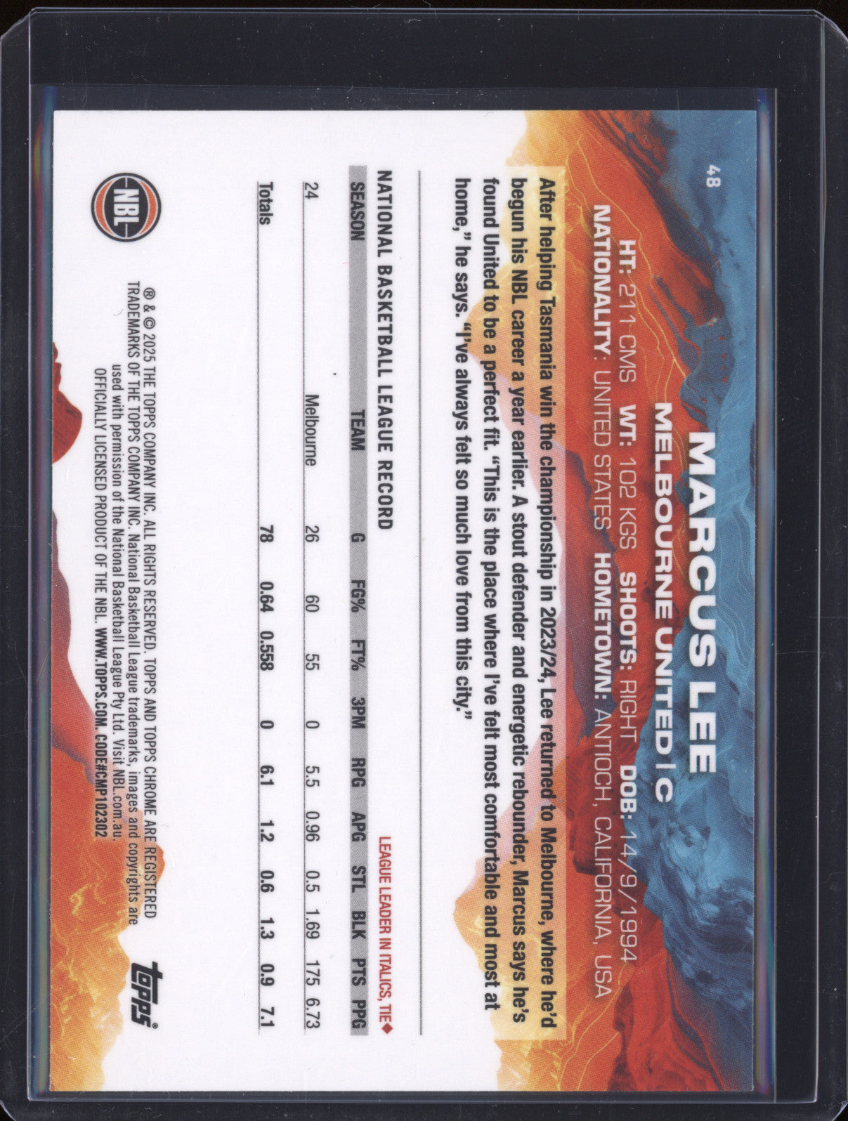 Marcus Lee 2024 Topps Chrome NBL 48 Green Refractor 25/99