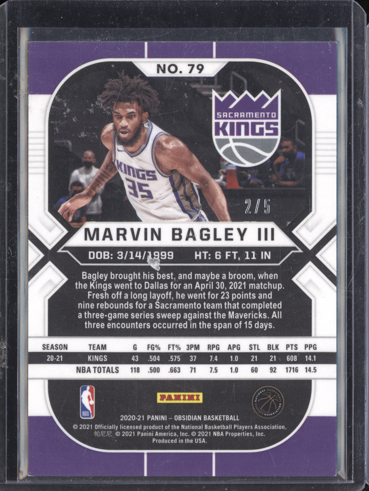 Marvin Bagley III 2020-21 Panini Obsidian 79 Electric Etch Red 2/5