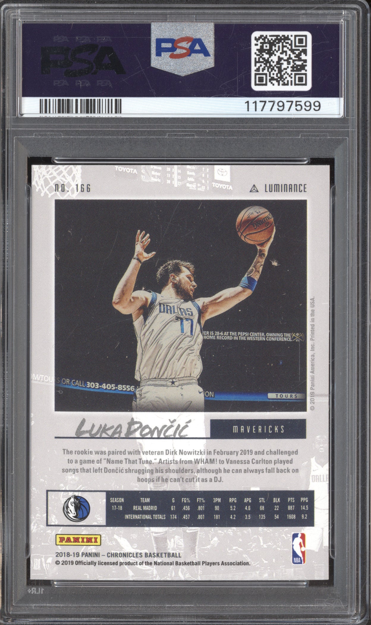 Luka Doncic 2018-19 Panini Chronicles 166 Luminance RC PSA  8