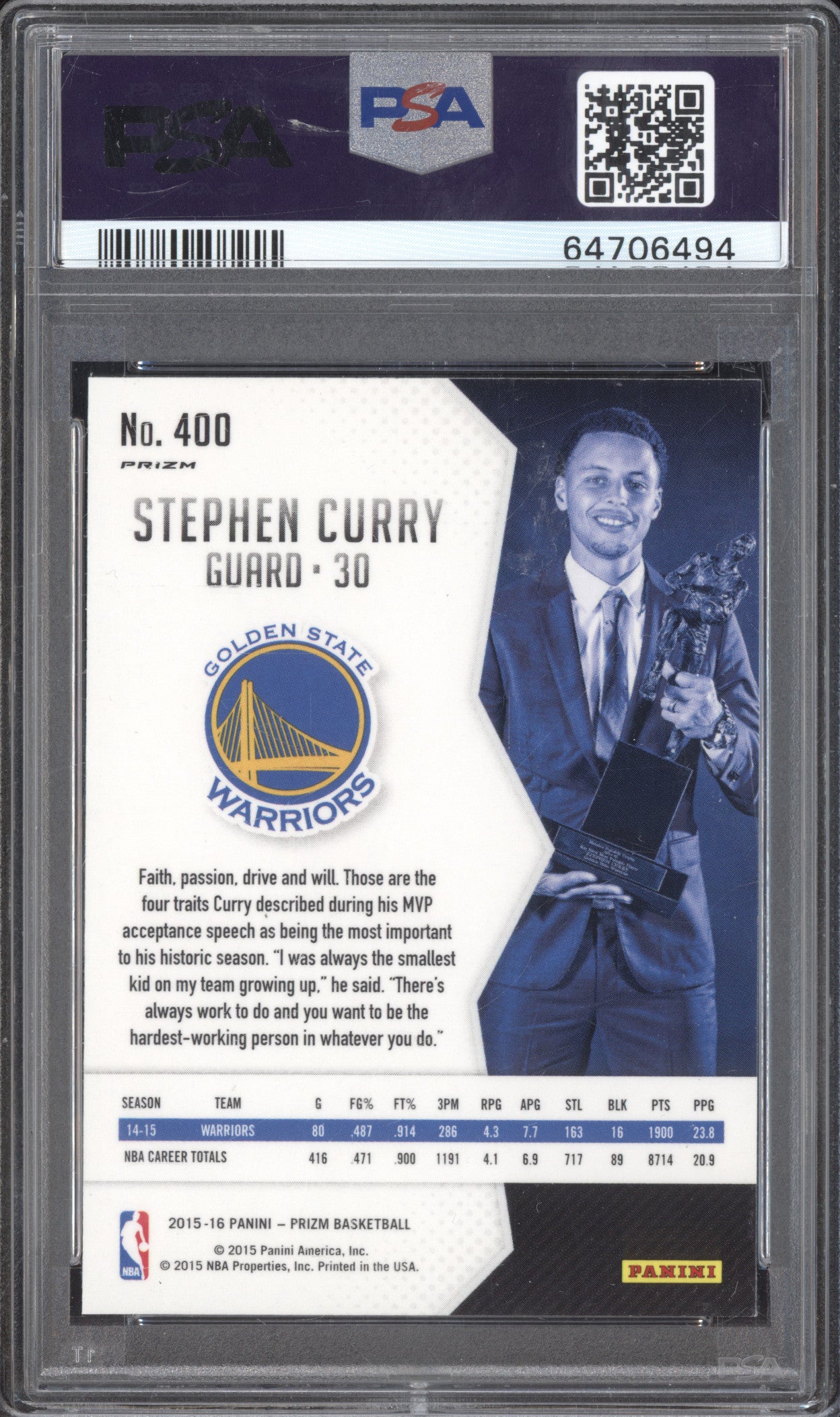 Stephen Curry 2015-16 Panini Prizm 400 Flash PSA 9