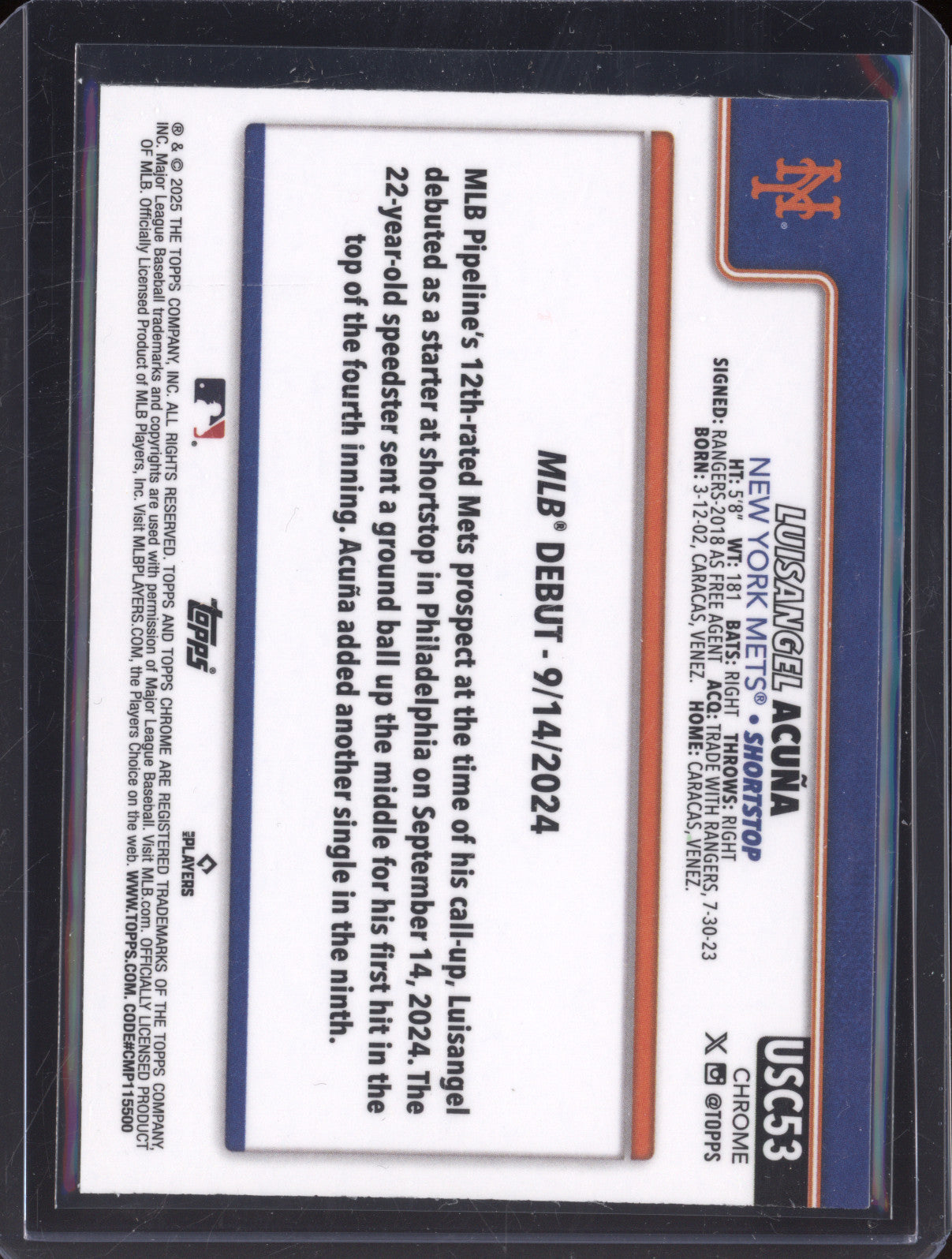 Luisangel Acuna 2025 Topps Chrome USC53 Green Wave RC /99