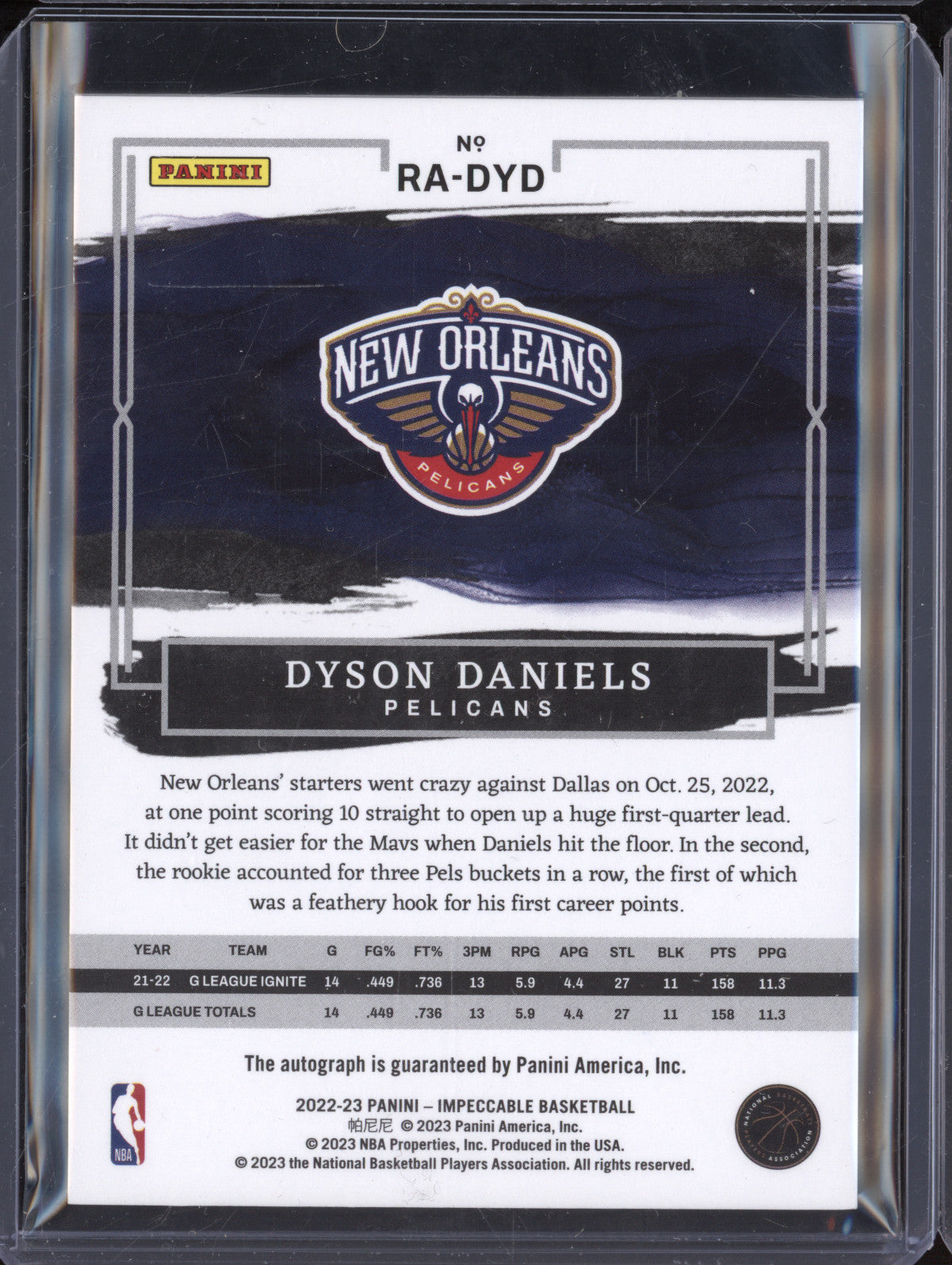 Dyson Daniels 2022-23 Panini Impeccable RA-DYD Rookie Auto Asia RC 80/88