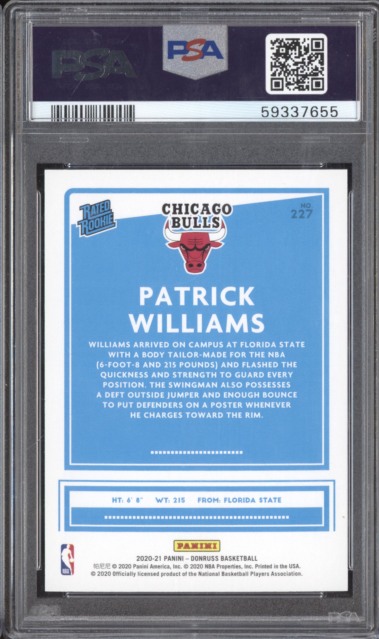 Patrick Williams 2020-21 Panini Donruss 227 Press Proof Purple RC 26/199 PSA 9