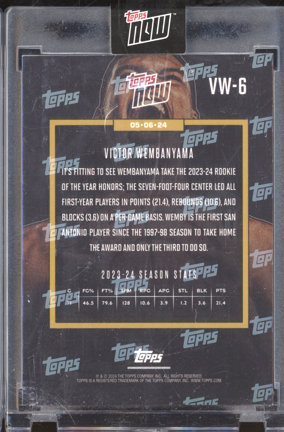 Victor Wembanyama 2024 Topps Now VW-6 Rookie of the Year RC
