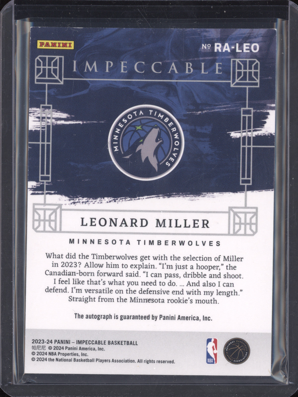 Leonard Miller 2023-24 Panini Impeccable RA-LEO Rookie Auto Int RC 10/88