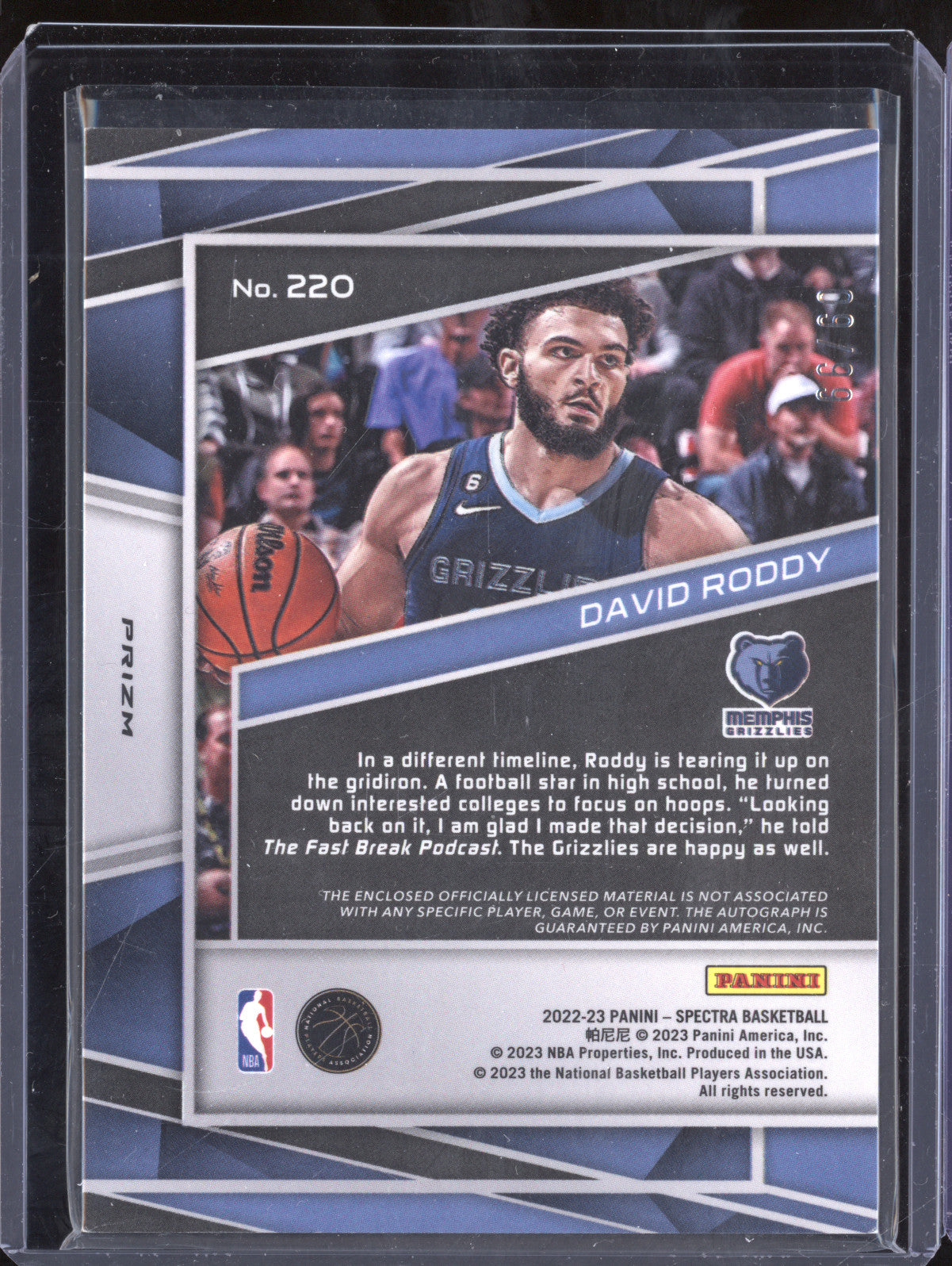 David Roddy 2022-23 Panini Spectra 220 Rookie Jersey Auto Celestial RC 9/99