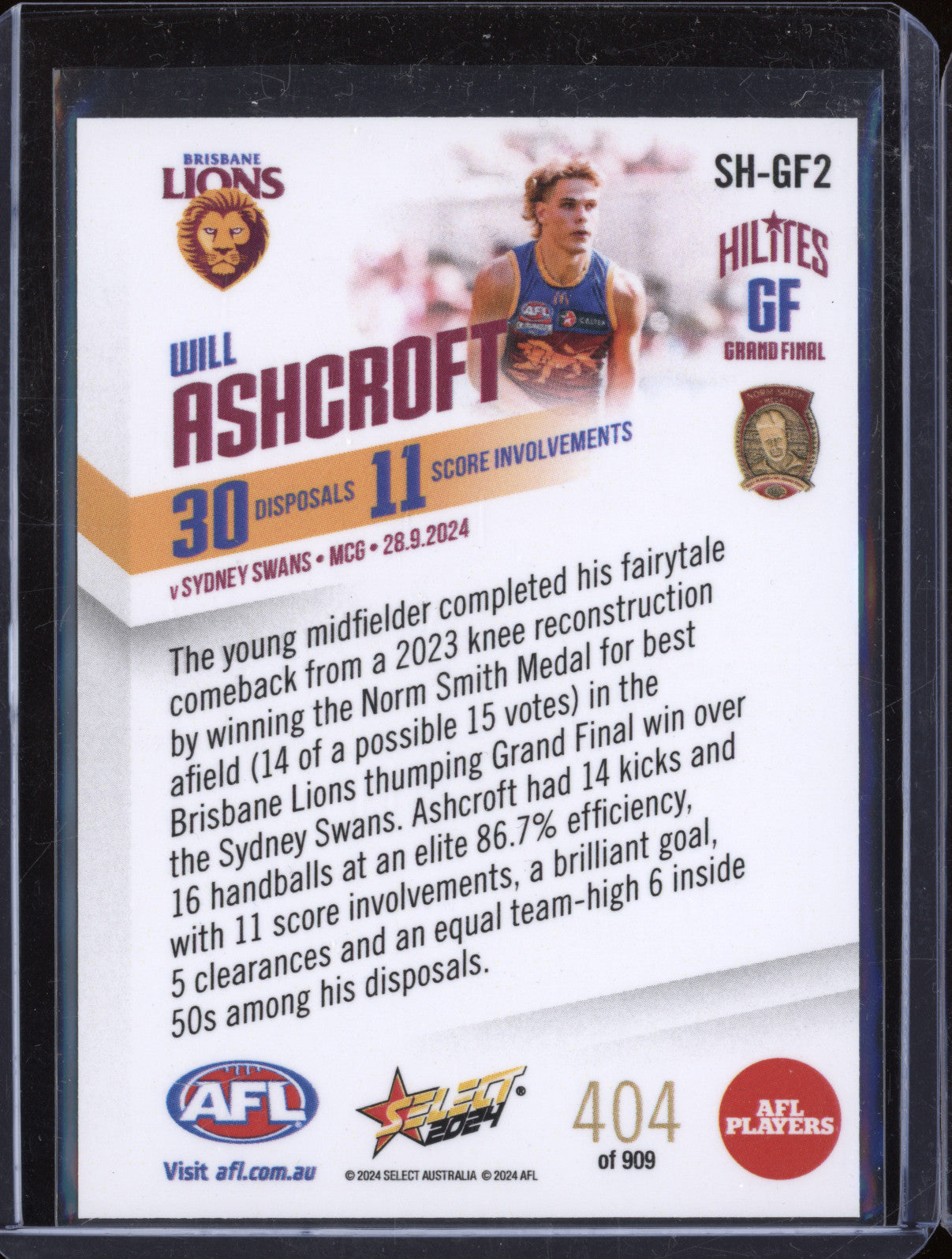 Will Ashcroft 2024 Select Hilites SH-GF2 Norm Smith Medallist 404/909
