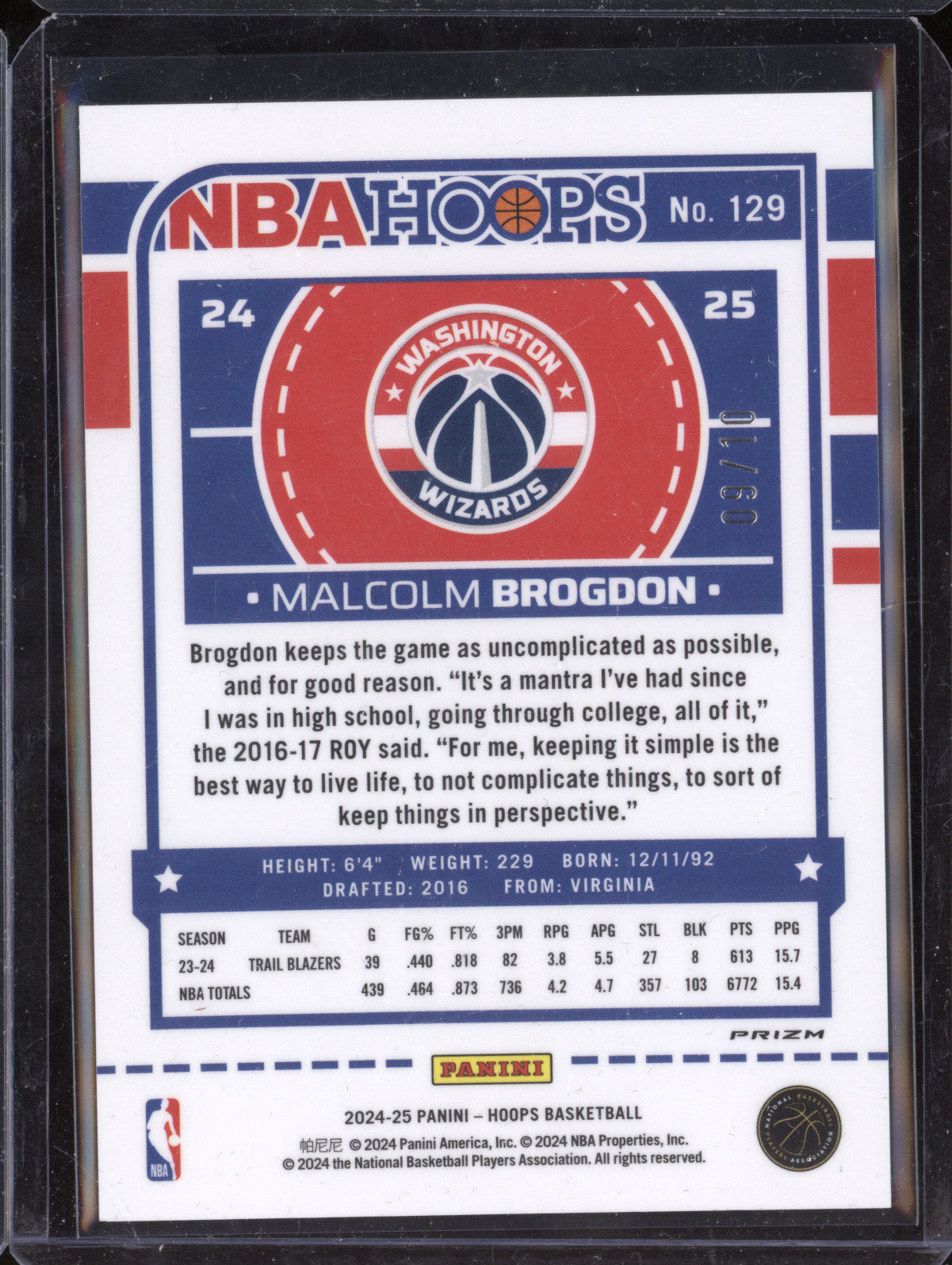 Malcolm Brogdon 2024-25 Panini Hoops 129 Gold 9/10
