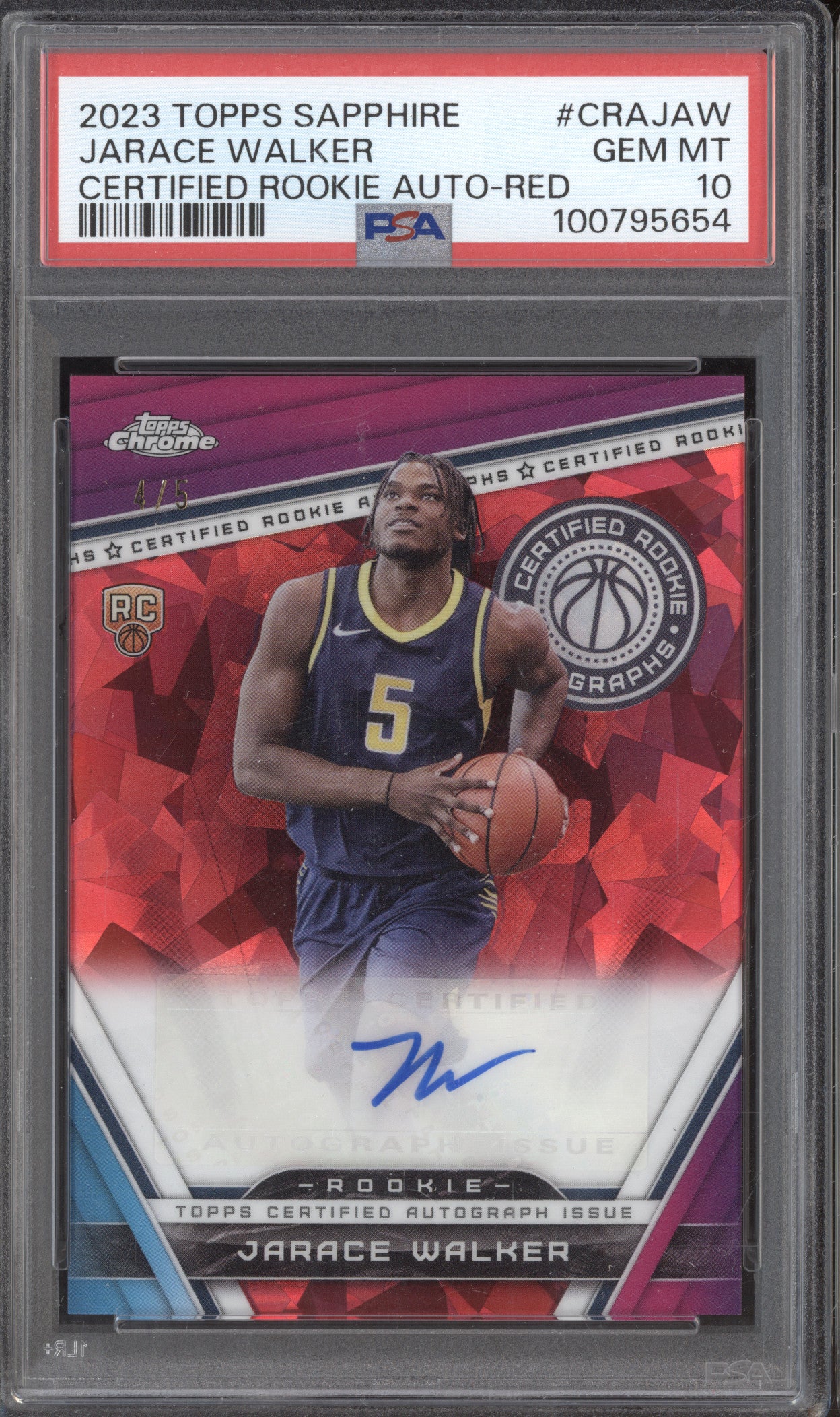 Jarace Walker 2023-24 Topps Chrome Red Sapphire Certified Auto RC 4/5 PSA 10