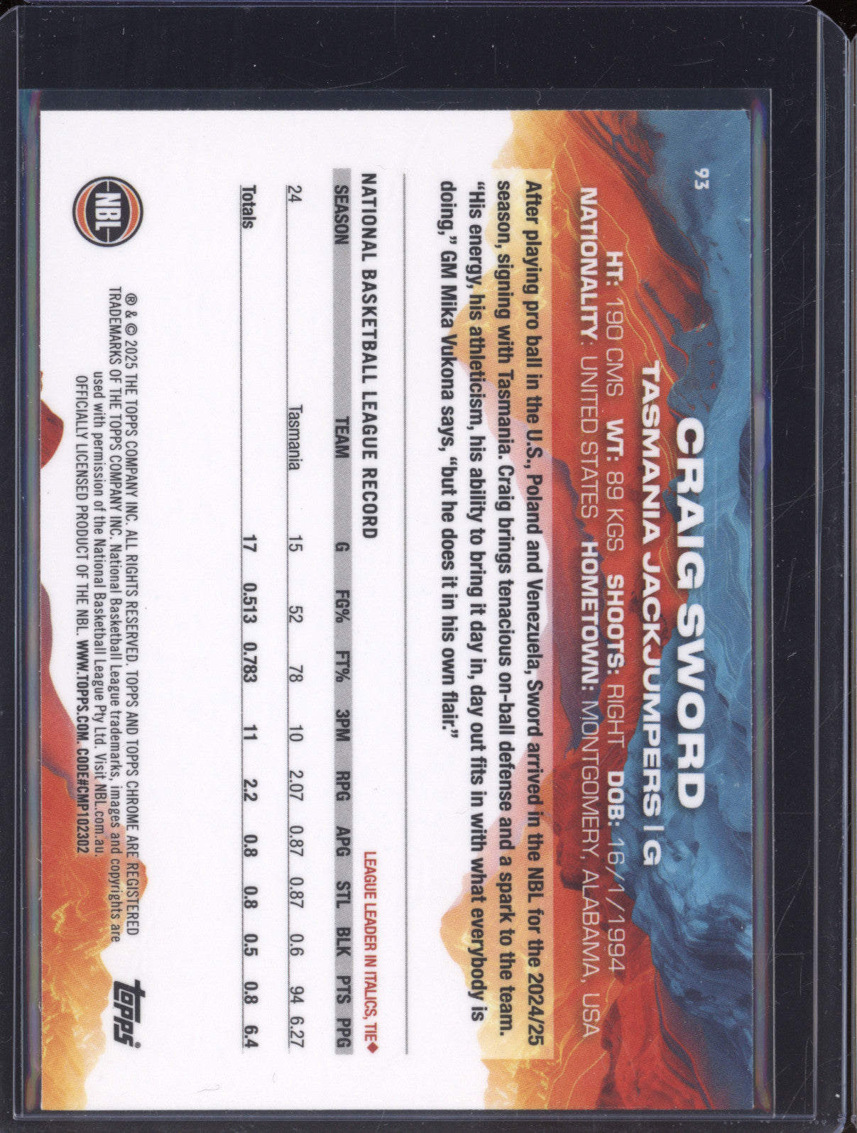 Craig Sword 2024 Topps Chrome NBL 93 Green Refractor 34/99