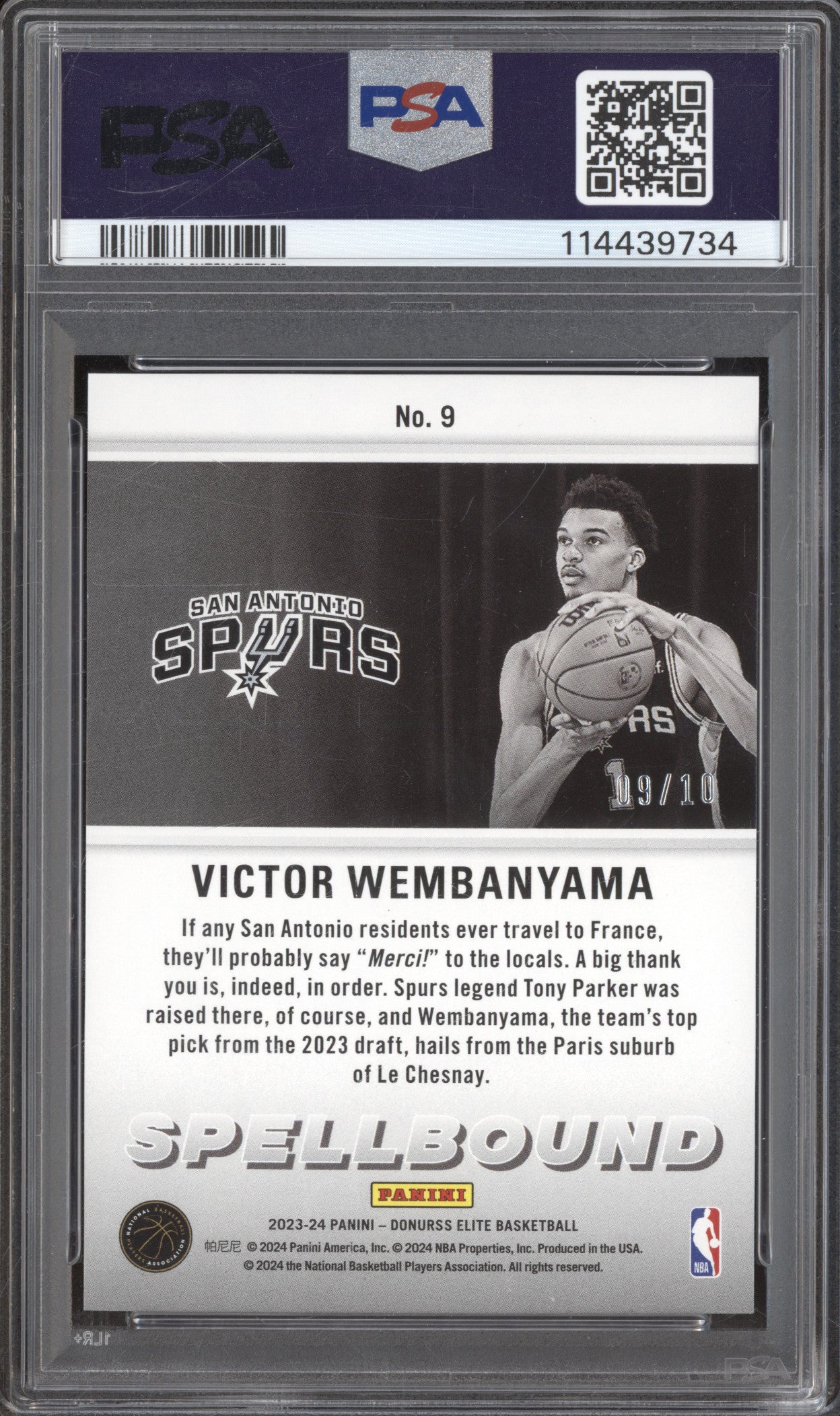 Victor Wembanyama  2023 Panini Donruss Elite 9 Spellbound Red Gold RC 9/10 PSA 8