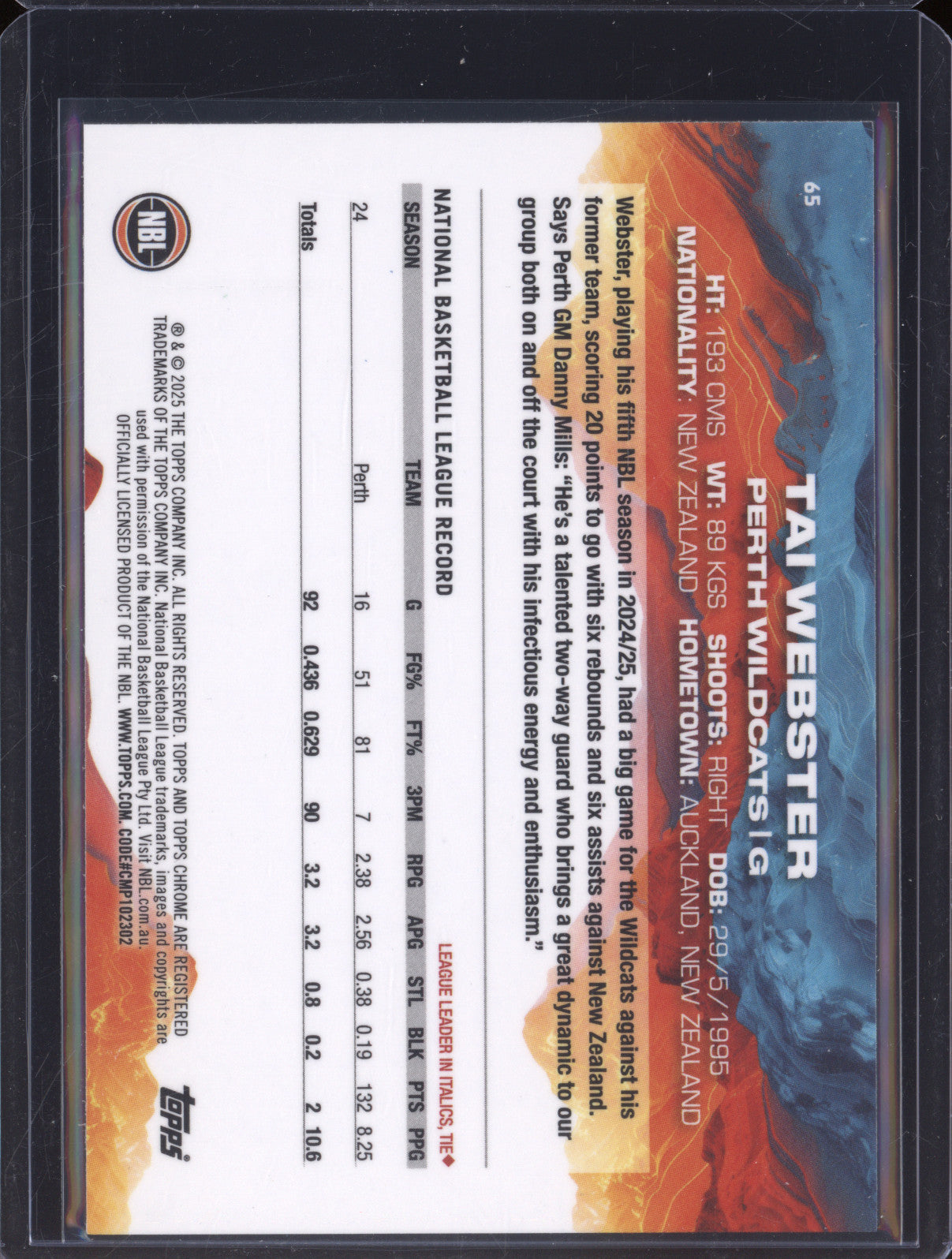 Taj Webster 2024 Topps Chrome NBL 65 Golden Wattle Refractor 092/125