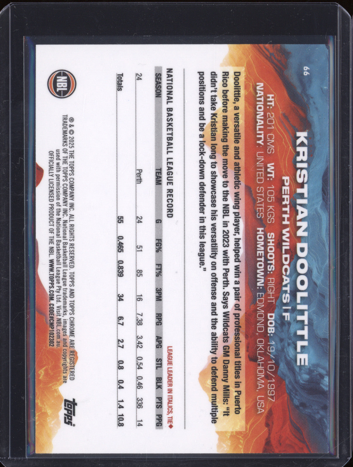 Kristian Doolittle 2024 Topps Chrome NBL 66 Golden Wattle Refractor 069/125