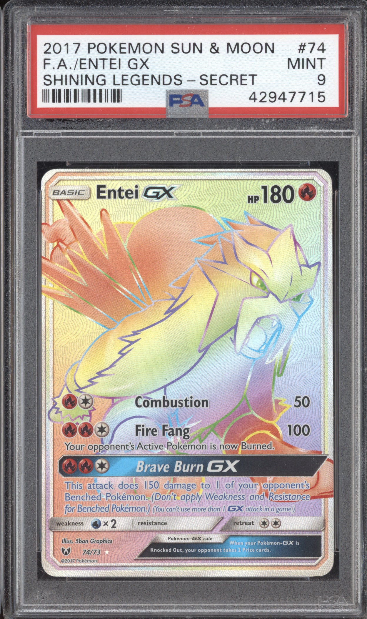 Entei GX 2017 Pokemon Shining Legends 74/73 Secret Rare PSA 9