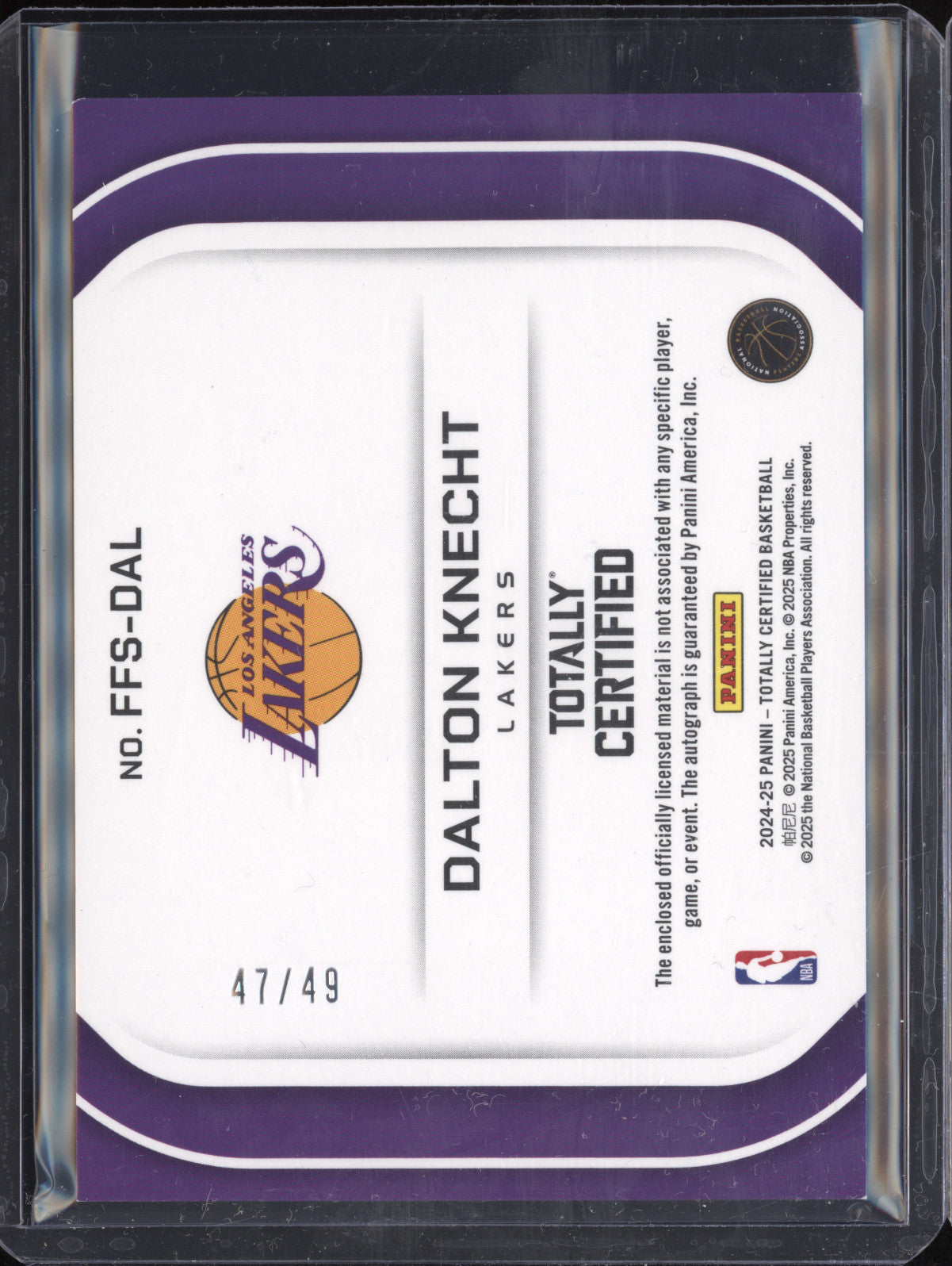 Dalton Knecht 2024-25 Panini Totally Certified FFS-DAL RC 47/49