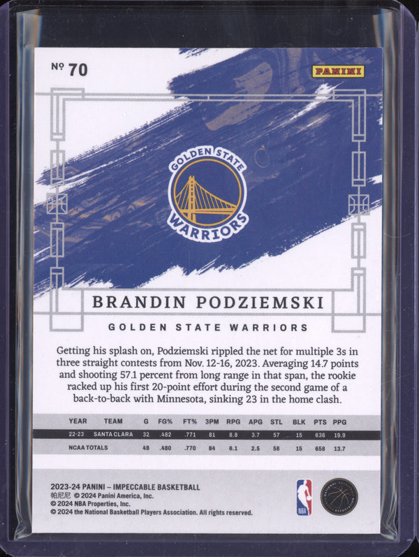 Brandin Podziemski 2023-24 Panini Impeccable 70 International Red RC 2/8