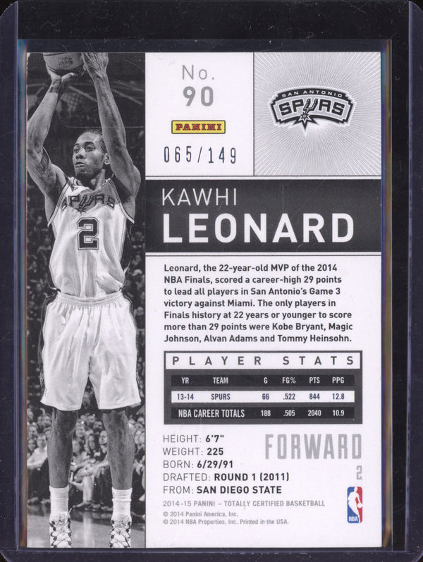 Kawhi Leonard 2014-15 Panini Totally Certified 90 Variation Blue 65/149