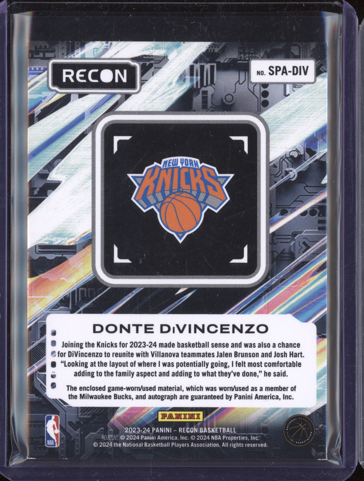 Donte DiVincenzo 2023-24 Panini Recon SPA-DIV Seasoned Pro Patch Auto Purple /25