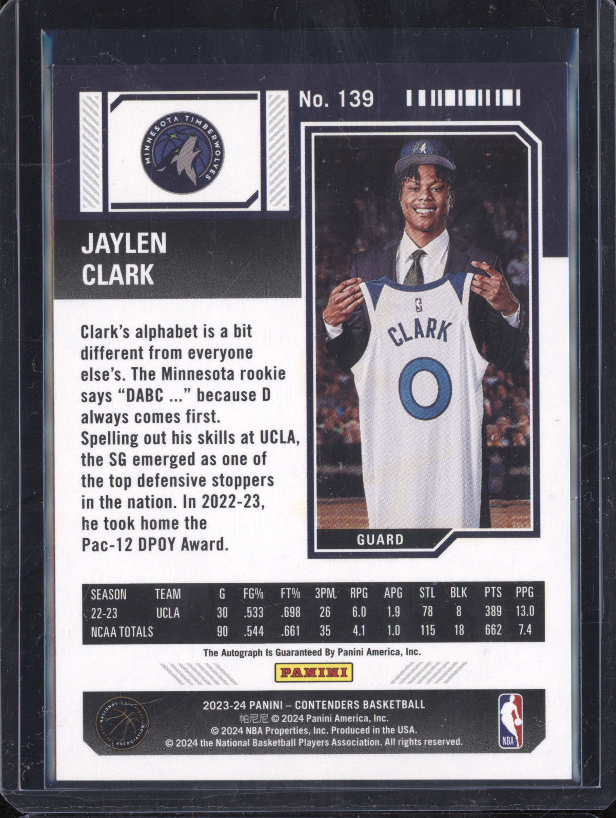 Jaylen Clark 2023-24 Panini Contenders 139 RC