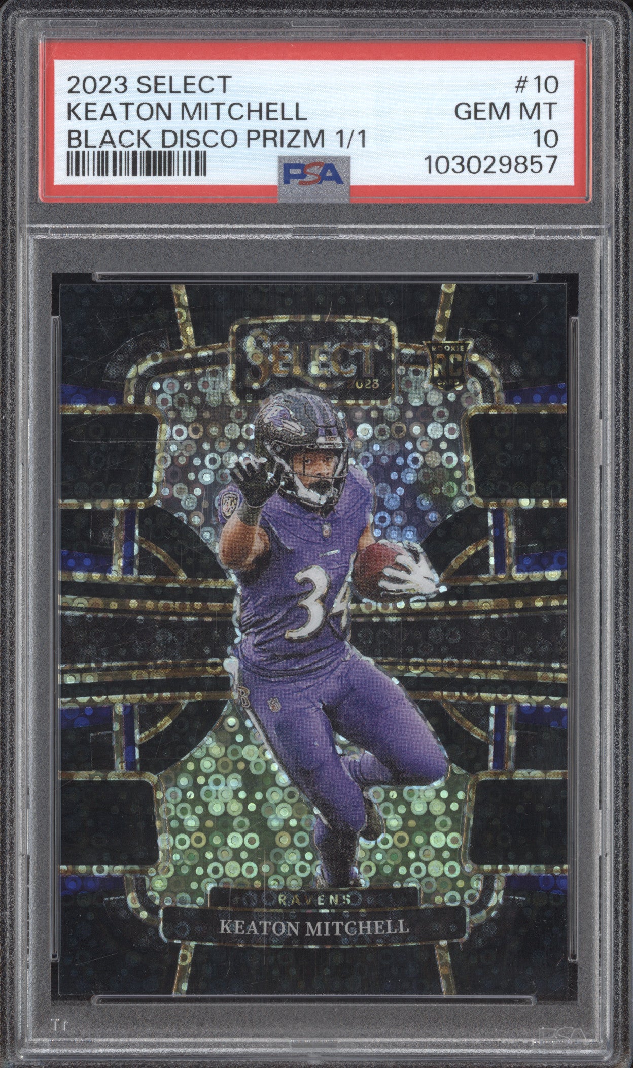 Keaton Mitchell 2023 Panini Select 10 Black Disco RC 1/1 PSA 10