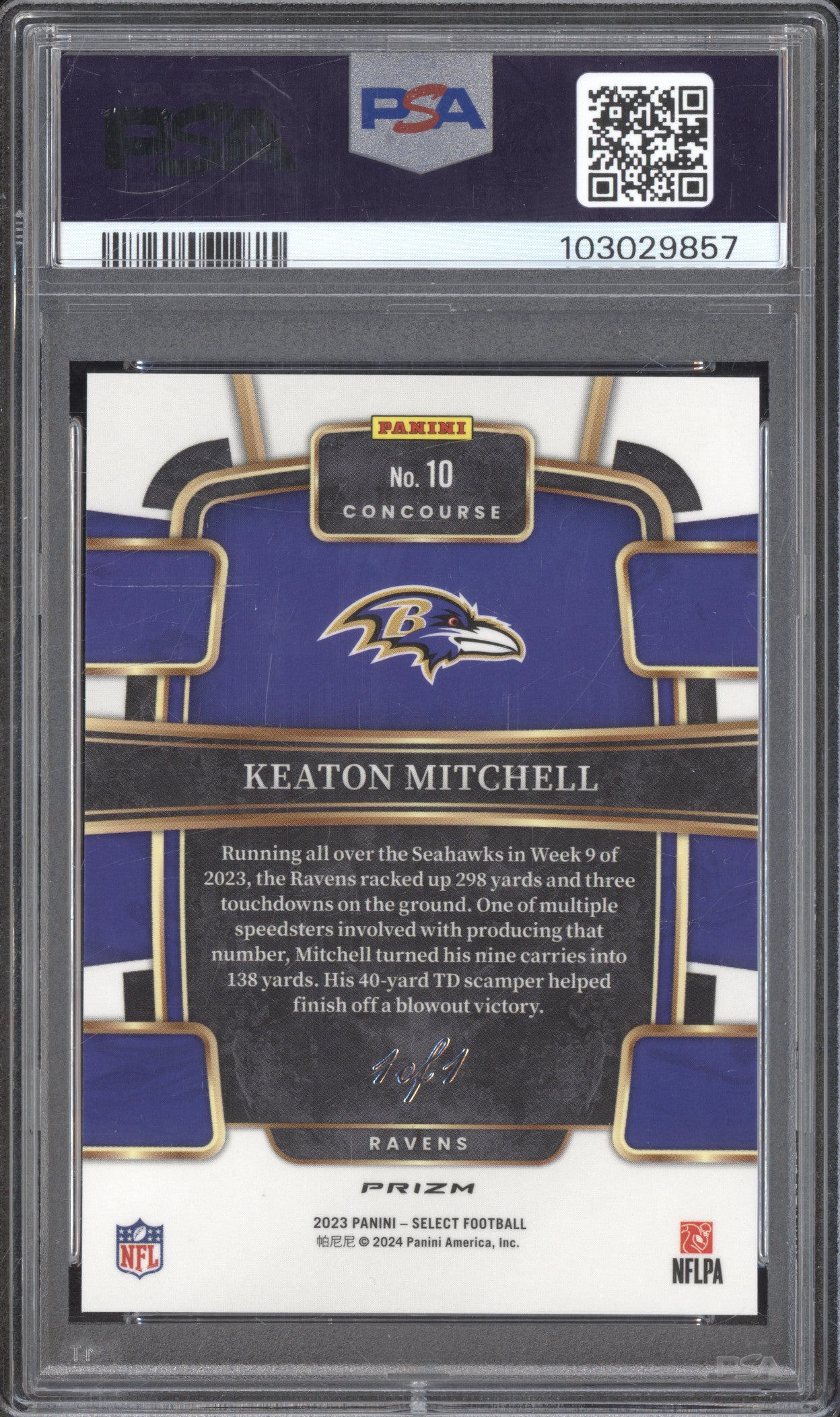 Keaton Mitchell 2023 Panini Select 10 Black Disco RC 1/1 PSA 10