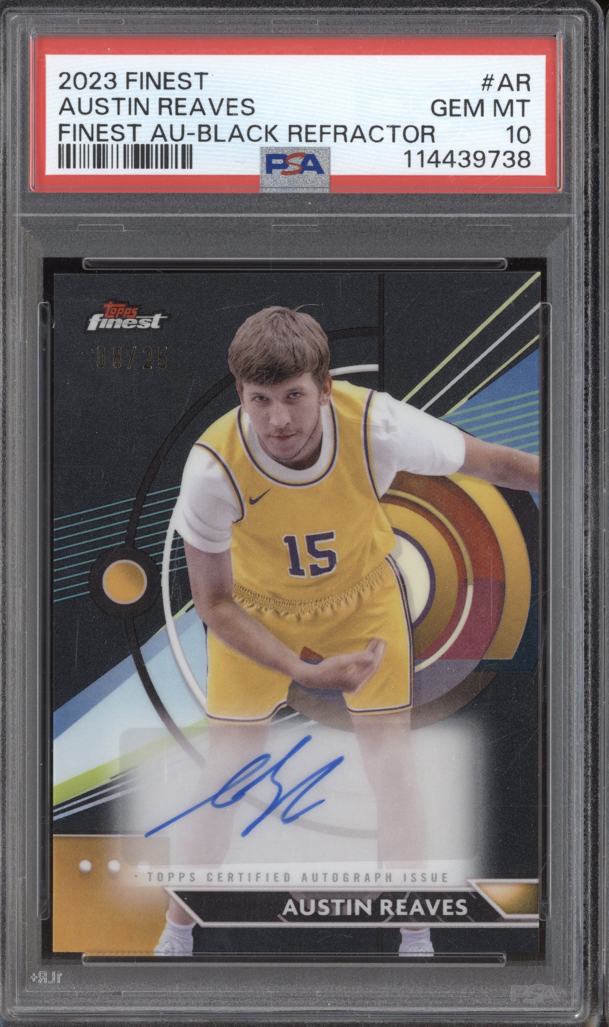 Austin Reaves 2023 Topps Finest AR Finest Autograph Black Refractor 08/25 PSA 10