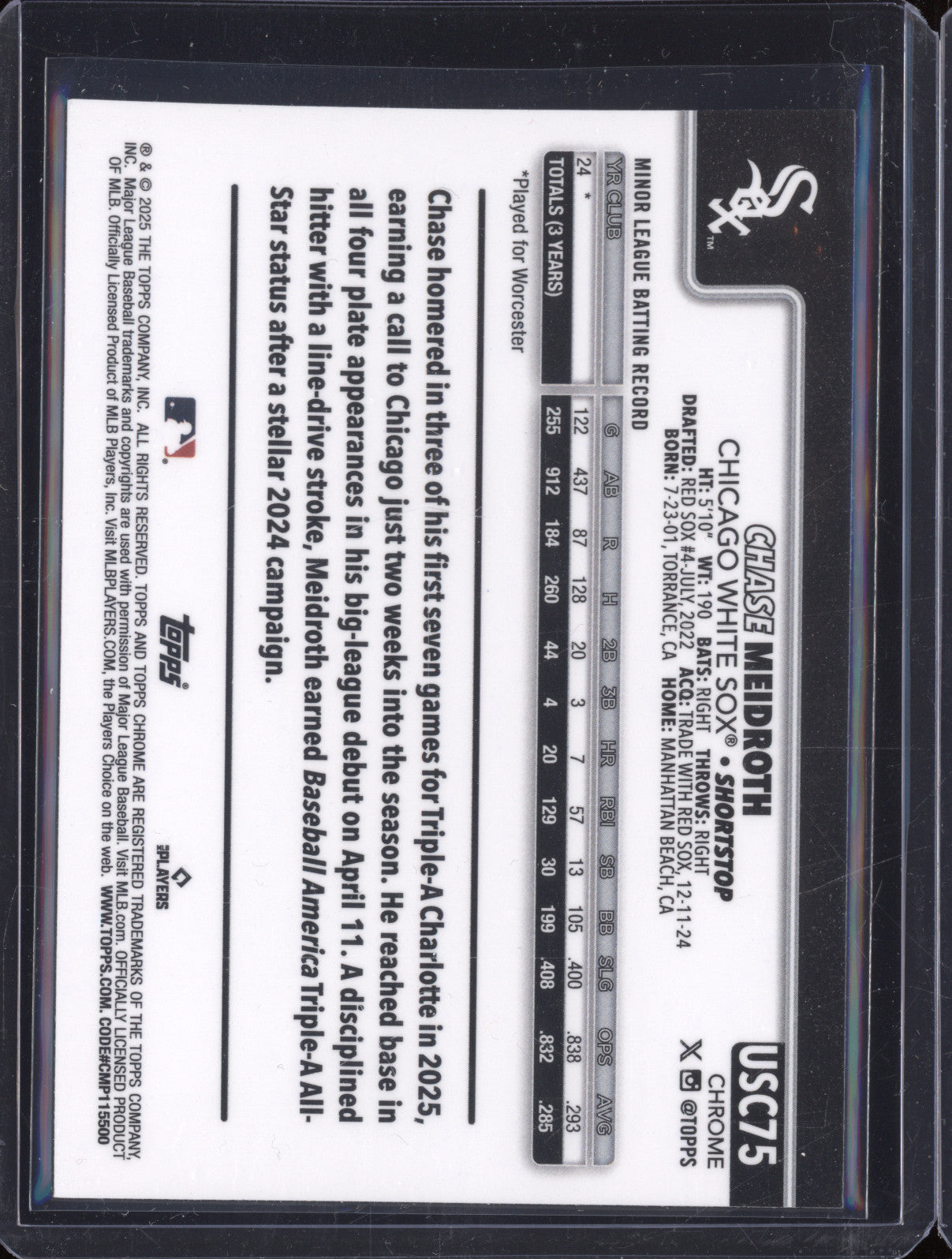 Chase Meidroth 2025 Topps Chrome Update USC75 Aqua Wave Refractor RC /199