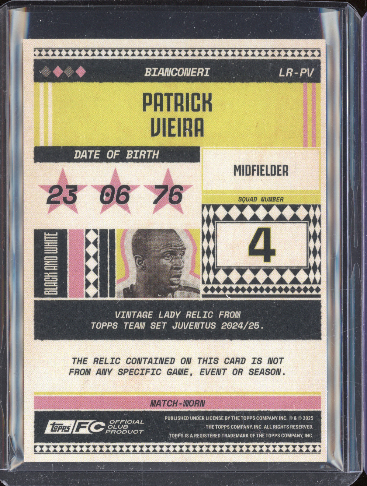 Patrick Vieira 2024-25 Topps Team Set Juventus FC LR-PV Vintage Lady Relic 88/99