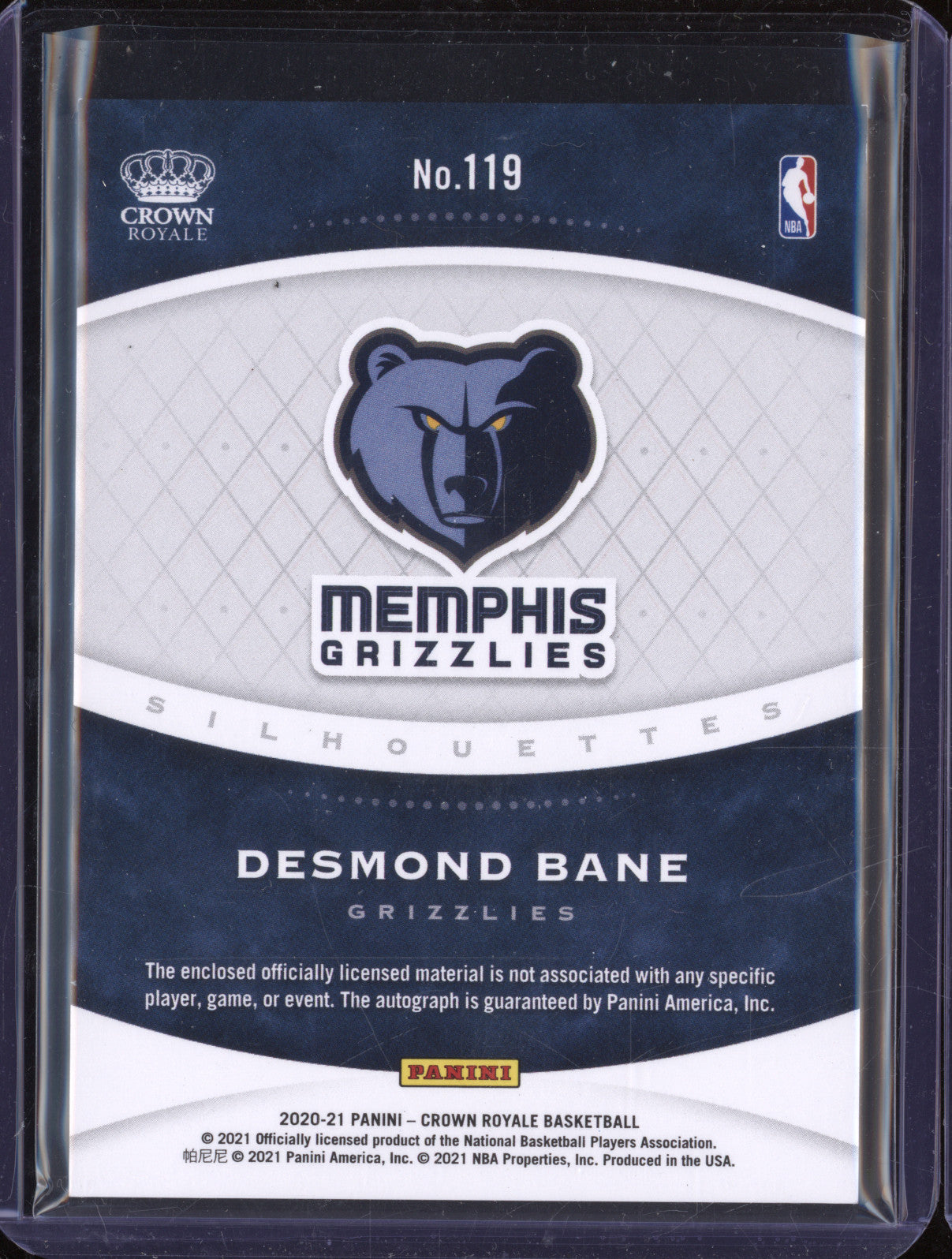 Desmond Bane 2020-21 Panini Crown Royale 119 Silhouettes Patch Auto RC 6/199