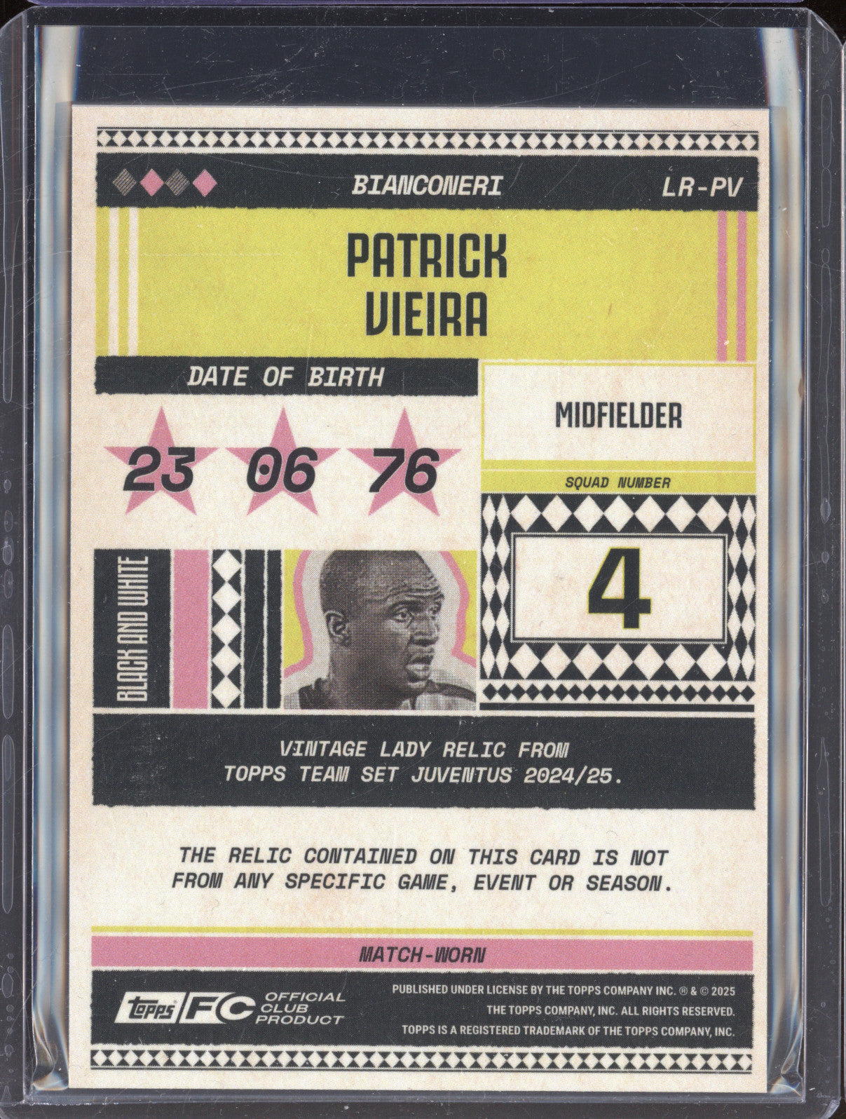 Patrick Vieira 2024-25 Topps Team Set Juventus FC LR-PV Vintage Lady Relic /250