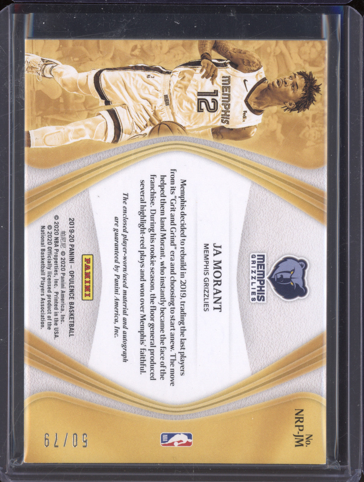 Ja Morant 2019-20 Panini Opulence NRP-JM Nouveau Riche Patch Auto RC 50/79