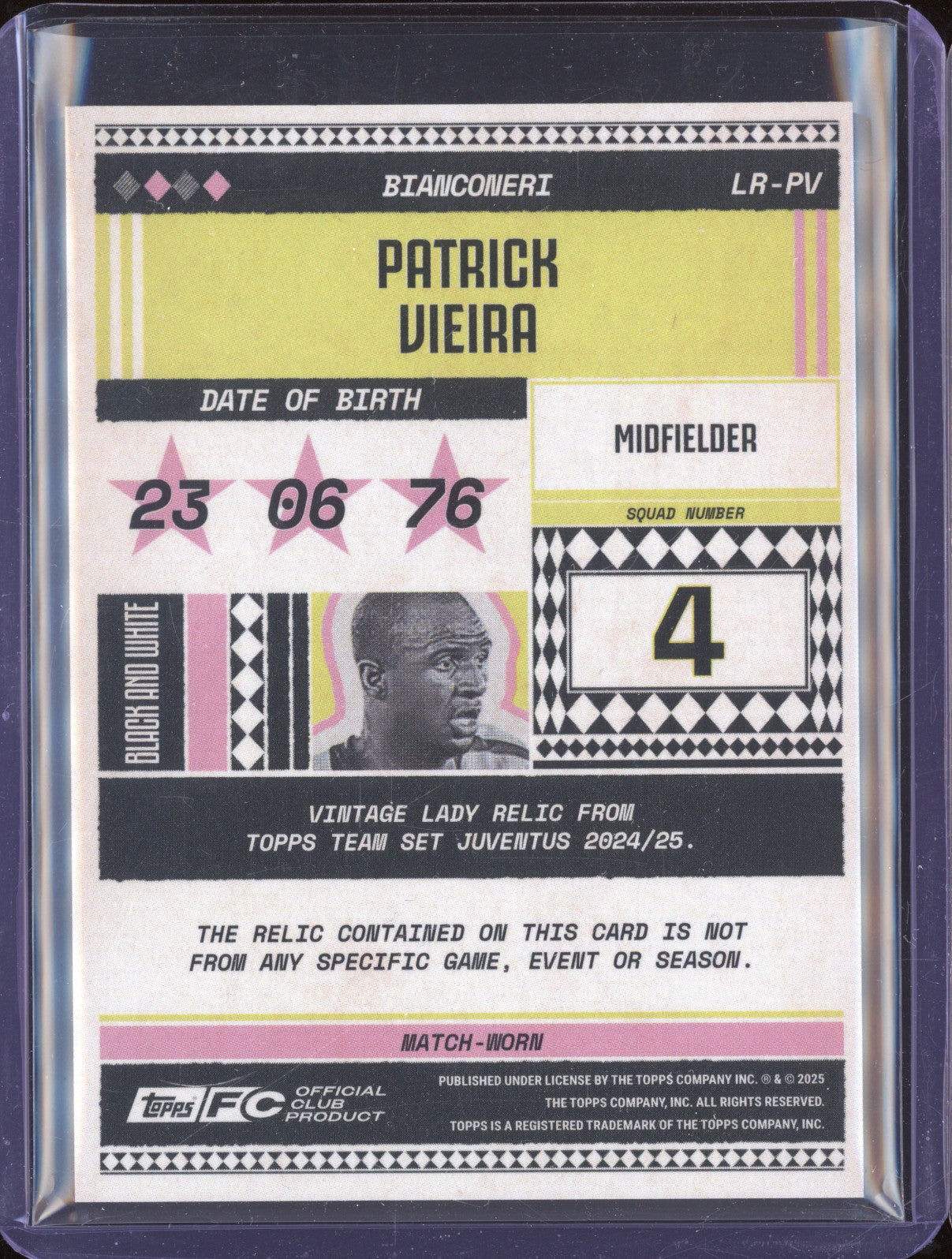 Patrick Vieira 2024-25 Topps Team Set Juventus FC LR-PV Vintage Lady Relic
