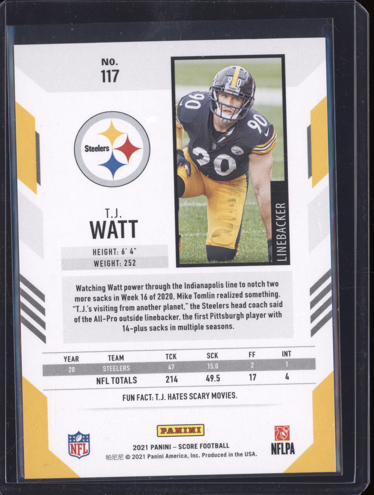 T.J Watt 2021 Panini Score 117 Gold Dots 033/225