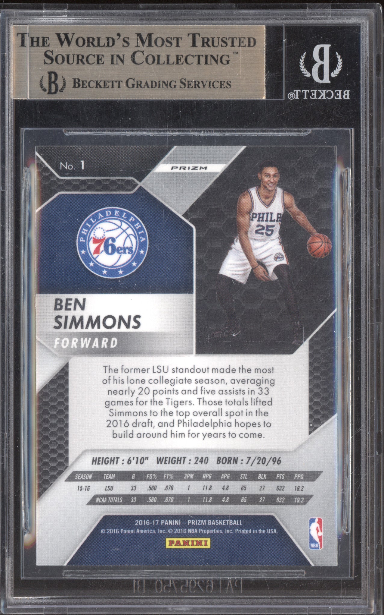 2016-17 Panini Prizm 1 Ben Simmons Silver Prizm RC BGS 9.5