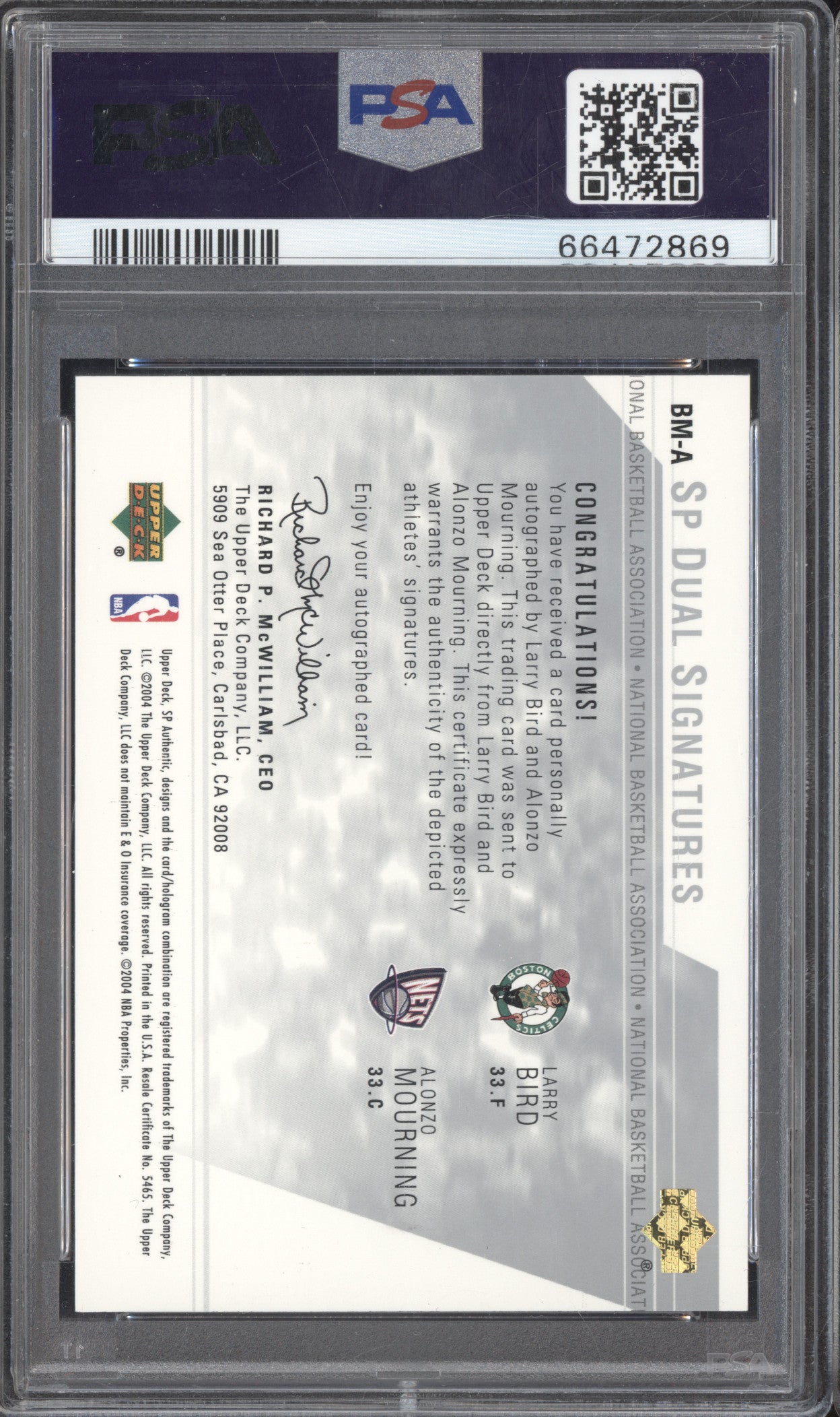 Bird Mourning 2003-04 Upper Deck SP Authentic BM-A SP Dual Auto PSA 10