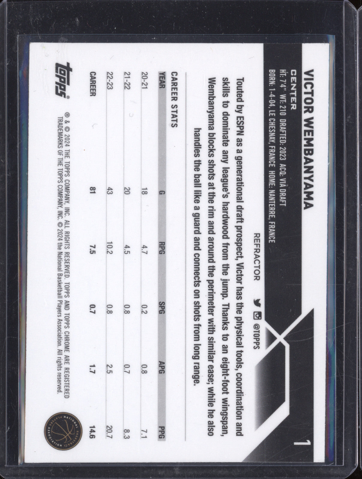 Victor Wembanyama 2023-24 Topps Chrome 1 Refractor RC